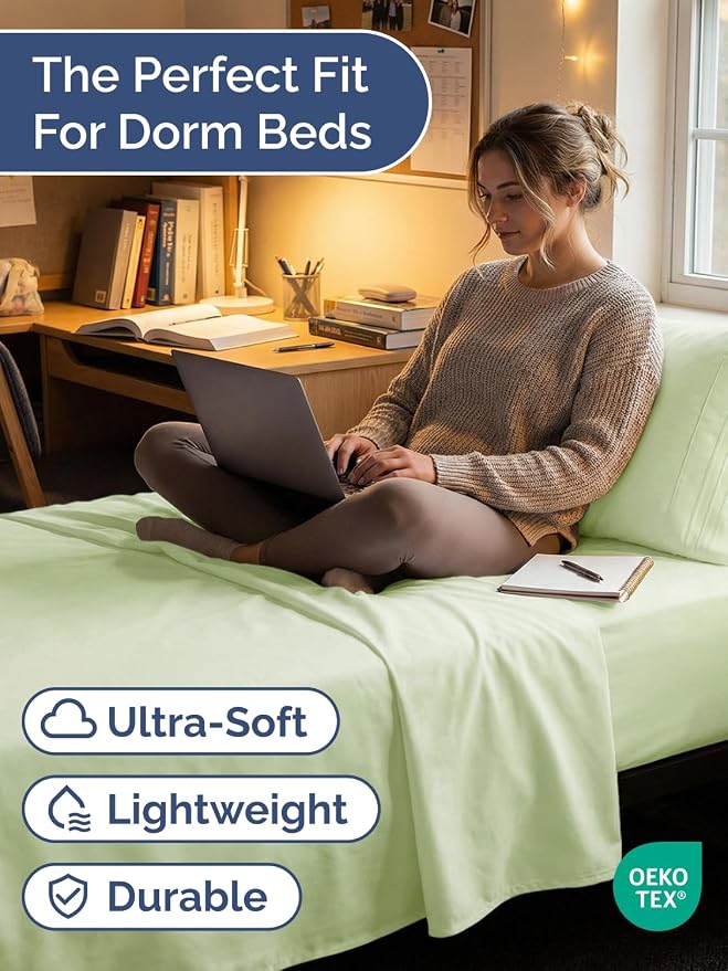 Twin XL 3 Piece Sheet Set - College Dorm Room Essentials - Light Sage Green | Deep Pocket Bed Sheets for Women, Men, Teens & Students, Soft, Cooling, Breathable & Wrinkle Free, Oeko-Tex Bed Sheet Set
