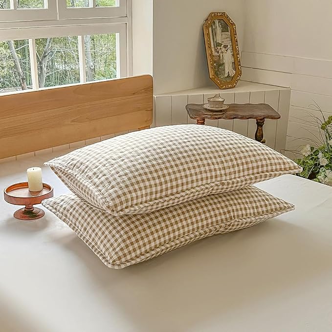 NSNLGSGC Tan Gingham Queen Summer Bedspread Quilt Set | Pre-washed Microfiber,Lightweight Checked Grid Bedding Coverlets for All Seasons