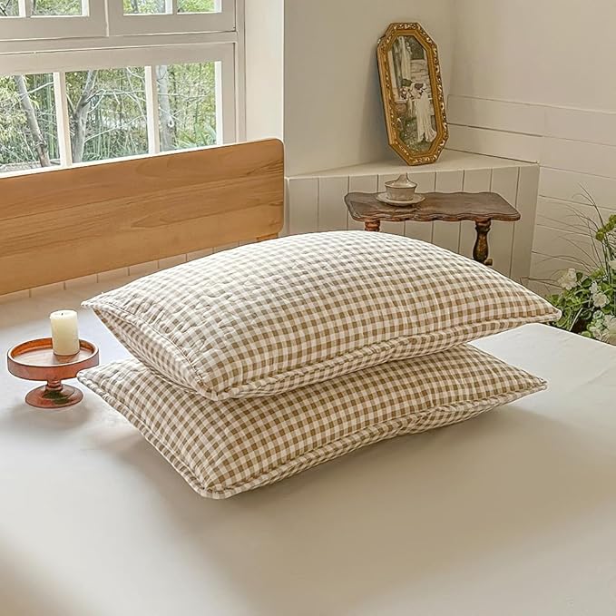 NSNLGSGC Tan Gingham Twin Summer Bedspread Quilt Set | Pre-washed Microfiber,Lightweight Checked Grid Bedding Coverlets for All Seasons