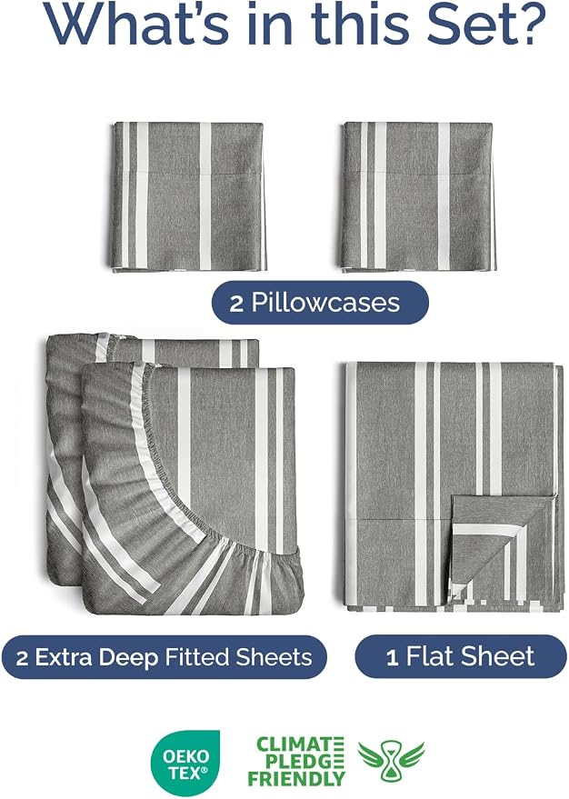 Extra Deep Split King Sheet Set - 5 Piece Breathable Cooling - Grey Stripes | Easily Fits 18 to 24 inch Mattress - Ultra Soft, Wrinkle & Fade Free with Extra Deep Pockets - Comfy Hotel Luxury Bedding