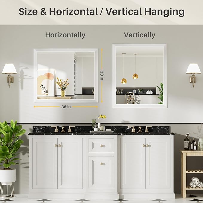 Bathroom Wall Mirror, White Metal Frame, 36x30 Inch | Anti-rust, HD tempered glass, for bathroom vanity, bedroom, living room, horizontal or vertical mount