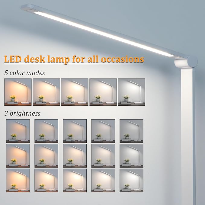LED Desk Lamp with USB Ports,Touch Desk Lamps for Home Office with 5 Modes | 3 Brightness Desk Light with Small Night Light,Reading Lamp Table Lamp for Bedroom Bedside Study White （with adapter）