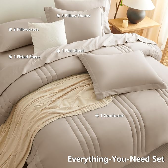 Full Size Comforter Sets Wheat- 7 Pieces Bed in a Bag | OEKO-TEX Certified, 240GSM Down-Alternative Comforter, 14" Deep-Pocket Sheets, Shams & Pillowcases, Lightweight