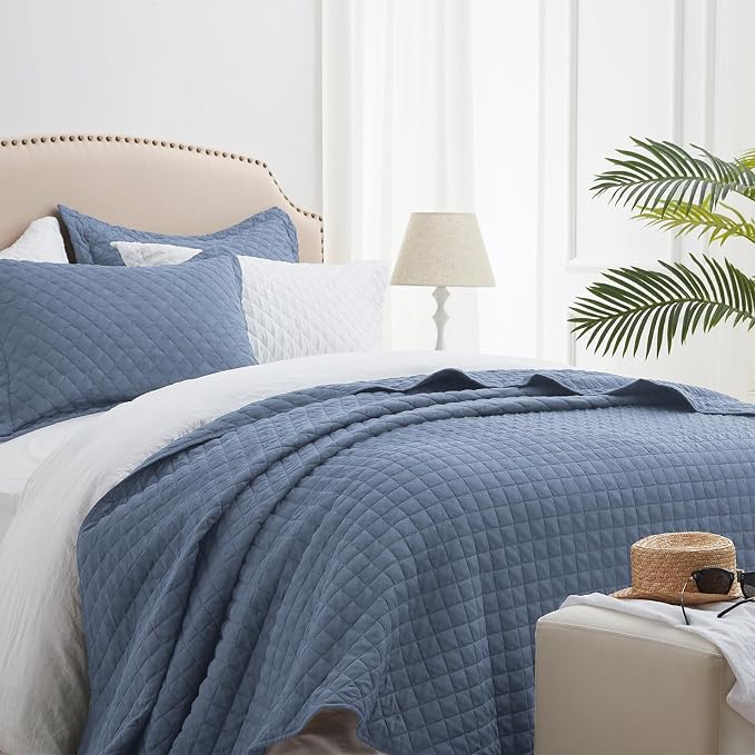 SunStyle Home King Quilt Bedding Set, Lightweight Summer Bedspreads,Blue | Soft Coverlet With 2 Pillow Shams,Morden Style Quilts for All Season,Suitable for Bed,Couch,Bedroom,Guest Room,106"X96"