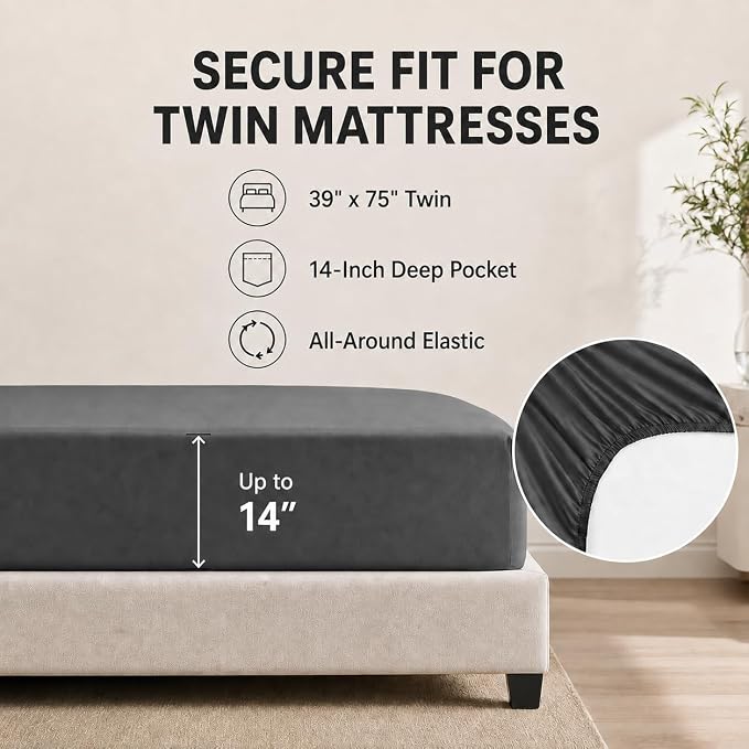 HIMEET Twin Comforter Sets, 5-Piece Point-Quilted Bed in a Bag, Dark Grey | OEKO-TEX Certified, Lightweight 240 GSM Comforter, Flat Sheet, 14-Inch Deep-Pocket Fitted Sheet, Pillowcase & Sham
