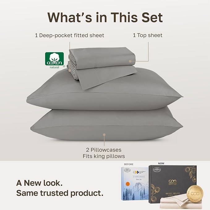 California Design Den Luxury 800 Thread Count Cal King Sheets, Misty Grey | 100% Cotton Sateen Backed by Good Housekeeping Seal - Soft & Thick, 16" Deep Pocket, All-Around Elastic, 4 Pc Set, Easy Care