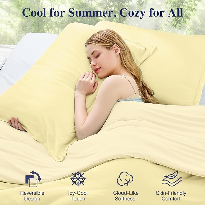 Cooling Queen Comforter Set, Lightweight Summer Comforter for Hot Sleeper, Reversible Bedding with ICY Cooling Surface, Includes 1 Comforter (90"x90") and 2 Shams (20"x 26"), Cream Yellow