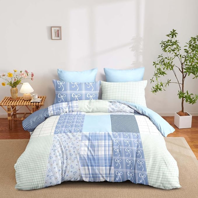 Nayoroom Plaid Duvet Cover Queen Size Reversible Blue Patchwork Checkered Duvet Cover Dorm Bedding Set 3 Pieces Soft Lightweight Washed Microfiber Farmhouse Bedding Set Gifts for Women Men