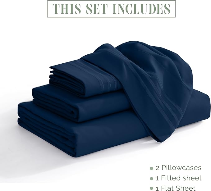 Elegant Comfort Luxurious 1500 Premium Hotel Quality Microfiber Three Line Embroidered Softest 4-Piece Bed Sheet Set, Wrinkle and Fade Resistant, King, Navy Blue