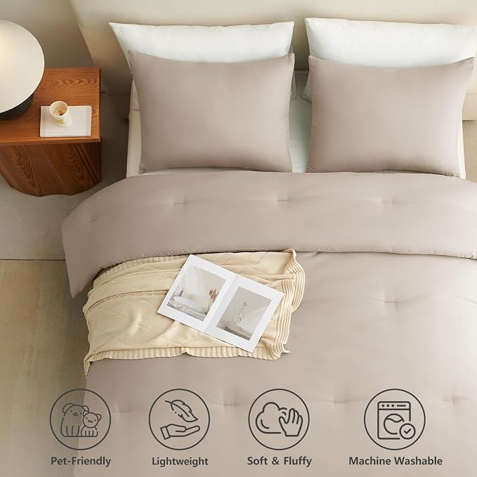 Queen Comforter Set, 3 Pieces Down Alternative Bedding, Wheat | 270 GSM All Season Comforter with 4 Corner Ties for Use as a Duvet Insert, OEKO-TEX Certified, 2 Pillowcases, 88 x 88 in