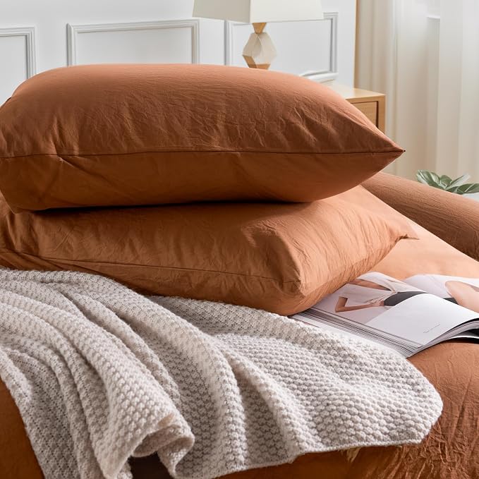 NEXHOME PRO Duvet Cover Set 100% Washed Cotton Oversized King 120"x98" Linen Feel Textured Organic Natural 3 Pieces Bedding Set Terracotta Burnt Orange with Zipper Closure Breathable(No Comforter)