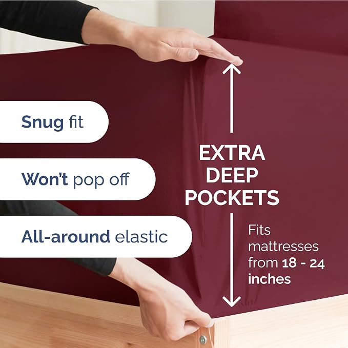 Extra Deep Twin Sheet Set - 3 Piece Breathable & Cooling Sheets - Burgundy | Easily Fits 18 to 24 inch Mattress - Ultra Soft, Wrinkle & Fade Free with Extra Deep Pockets - Comfy Hotel Luxury Bedding