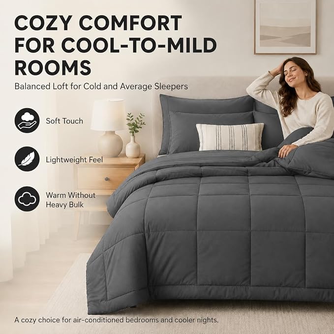 Super King Comforter Set Dark Grey - 7 Pieces Bed in a Bag | OEKO-TEX Certified, All-Season, Bedroom, Guest Room, Down-Alternative Comforter + Flat & Fitted Sheets + 4 Pillowcases