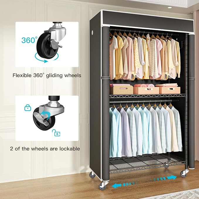 FUTASSI Clothing Rack with Cover, P1C Rolling Closets with Wheels | Metal Garment Rack for Hanging Clothes, Clothing Storage Wardrobe with Cover