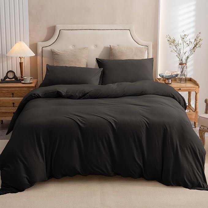 PURE ERA Jersey Knit Sheet Set Solid Black Full | 100% Cotton, 3 Piece Set, T Shirt Soft, Breathable, Envelope Closure Pillowcases, Hidden Zipper, 8 Ties, No Insert, Modern