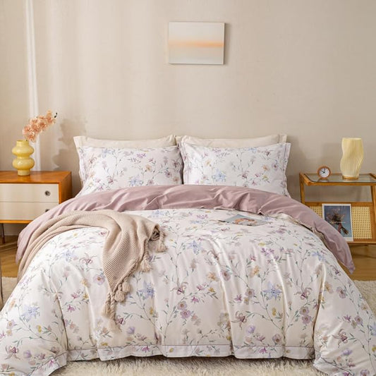 OAITE Queen Floral Pattern Duvet Cover Set Unique Design 3pcs 100% Cotton | Exquisite Stitched Hem, Breathable,Soft,Hidden Zipper,8 Corner Ties,Easy Care for All Season