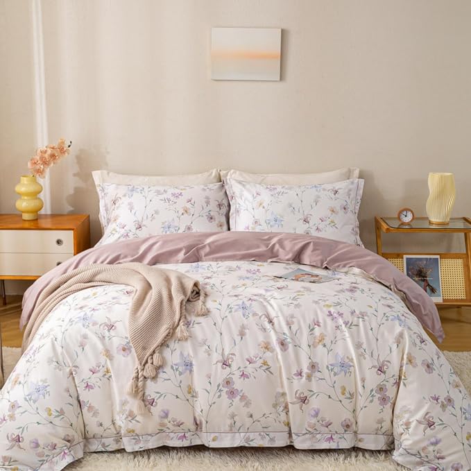OAITE King Floral Pattern Duvet Cover Set Unique Design 3pcs 100% Cotton | Exquisite Stitched Hem, Breathable,Soft,Dual Zipper,8 Corner Ties,Easy Care for All Season