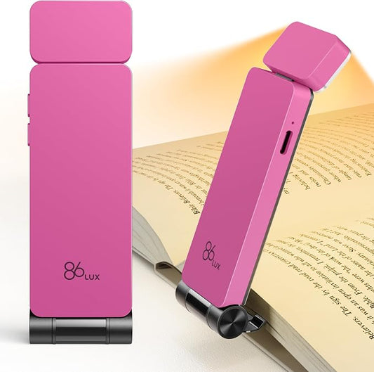 86lux Book Light, Rechargeable Reading Lights for Books in Bed | Ultralight Clip-on LED Bookmark Lamp with 3 Amber Colors & Stepless Dimming for Night Reading for Book Lovers, Hot Pink