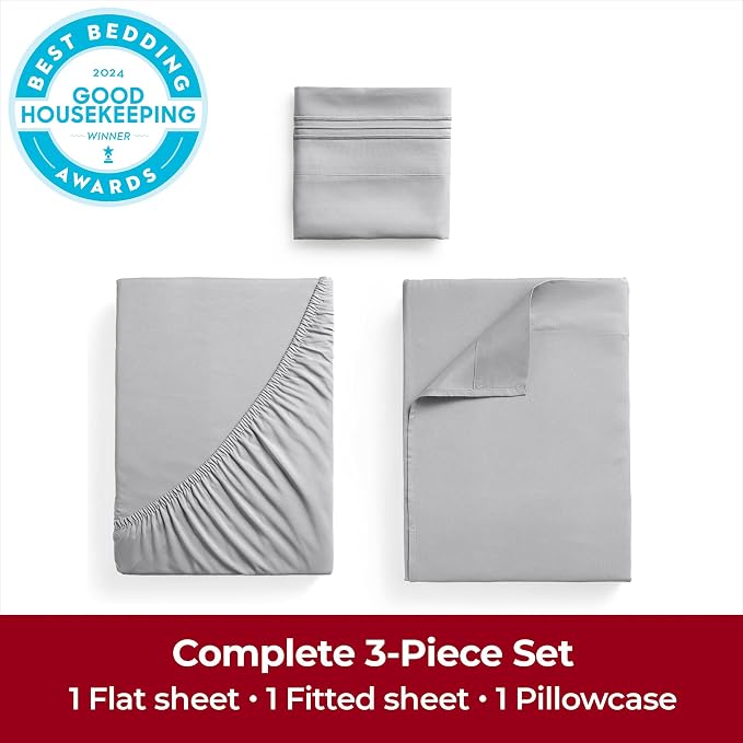 Mellanni Iconic 3-Piece, Ultra Soft Sheet Set (Twin XL, Light Gray) | 10M+ Sleepers. Lab-tested: Sleeps Cool, Stays Bright, Strong, Smooth. Good Housekeeping Best Bedding, 7 yrs running.