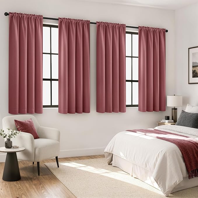 MIULEE 4 Panel Set Short Bedroom Blackout Curtains 54 Inch Long Dusty Rose | Thermal Curtains for Summer Heat, Light Blocking Privacy Window Drapes, Top&Bottom Rod Pocket