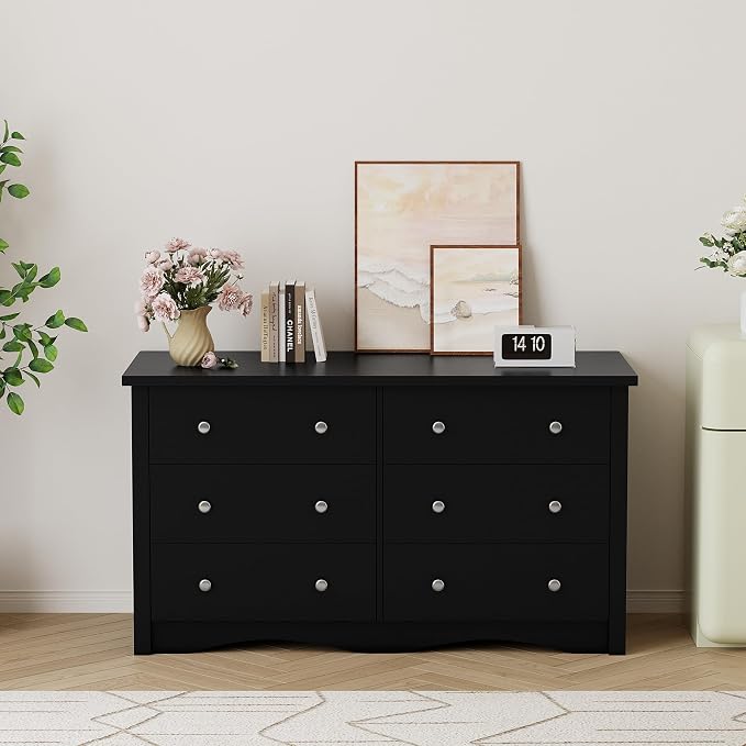 Shahoo Dresser for Bedroom with 6 Drawers, 47.2" Wood Dresser | Chests of Drawers, Anti-tip, Storage Organizer, TV Stand for Living Room, Closet, Hallway, Dormitory, Pure Black