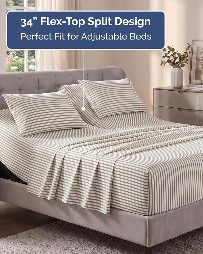 Flex Top Split Head King Sheet Set - 4 Piece Extra Deep - Beige Stripes 2 | Easily Fits 18 to 24 inch Mattress, Ultra Soft, Wrinkle & Fade Free with Extra Deep Pockets, Comfy Hotel Luxury Bedding