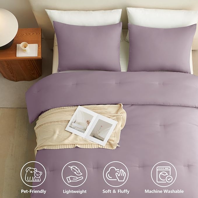 Oversized Queen Comforter Set 3 Pieces Dusty Purple Quilted Bedding | 270 GSM Down Alternative Fill, 4 Corner Ties for Duvet Insert Use, All Season, OEKO-TEX Certified, 2 Pillowcases, 98 x 98 in