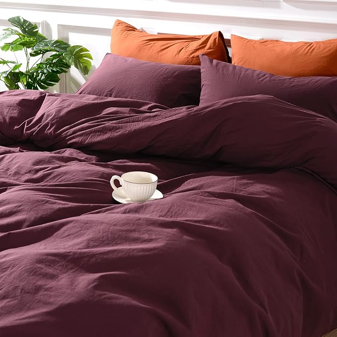 NEXHOME PRO Duvet Cover Set 100% Washed Cotton California Kingn 104"x98", Organic Natural Linen Look Textured 3 Pieces Bedding Set Burgundy Dark Red with Zipper Closure, Breathable (No Comforter)