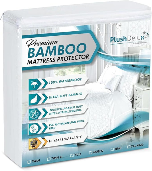 PlushDeluxe Bamboo Waterproof Mattress Protector, Twin XL Size, Ultra Soft | Breathable, Noiseless, Hypoallergenic, Washable, 39x80" Up to 18" Deep, Viscose Derived from Bamboo Mattress Cover, White