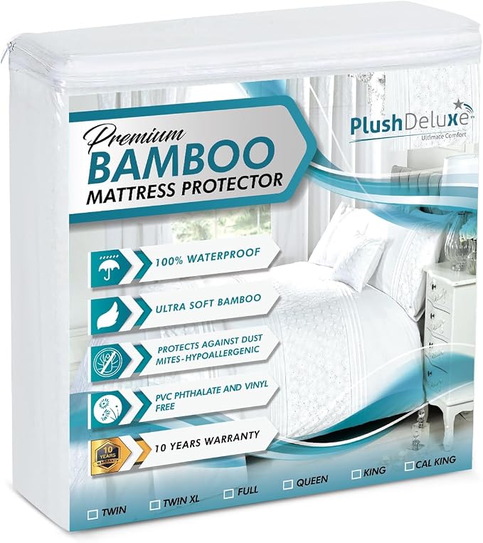 PlushDeluxe Bamboo Waterproof Mattress Protector, Full Size, Ultra Soft | Breathable, Noiseless, Hypoallergenic, Washable, 54x75" Up to 18" Deep, Viscose Derived from Bamboo Mattress Cover, White