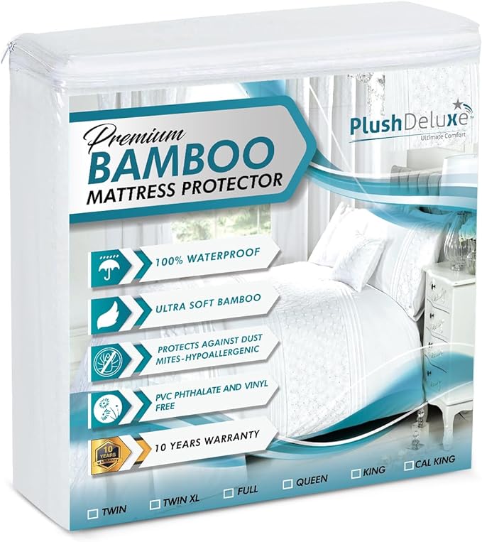 PlushDeluxe Bamboo Waterproof Mattress Protector, Queen Size, Ultra Soft | Breathable, Noiseless, Hypoallergenic, Washable, 60x80" Up to 18" Deep, Viscose Derived from Bamboo Mattress Cover, White