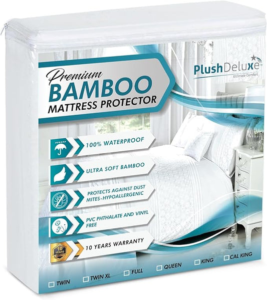 PlushDeluxe Bamboo Waterproof Mattress Protector, Queen Size, Ultra Soft | Breathable, Noiseless, Hypoallergenic, Washable, 60x80" Up to 18" Deep, Viscose Derived from Bamboo Mattress Cover, White
