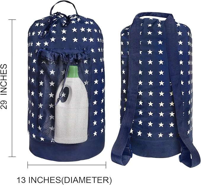 Backpack Laundry Bag, Laundry Backpack with Shoulder Straps and Mesh Pocket Durable Nylon Clothes Hamper Bag with Drawstring Closure for College, Travel, Laundromat, Apartment