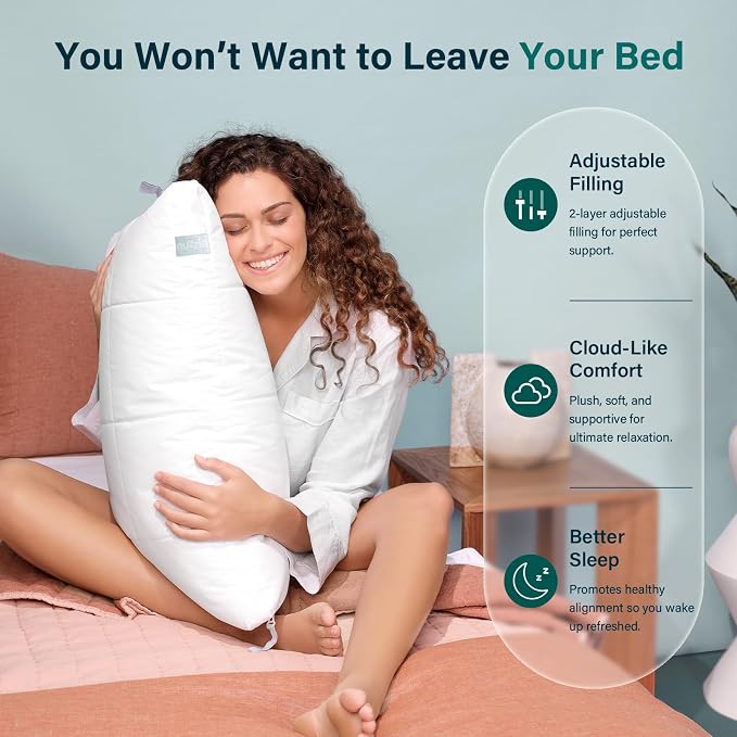 Nuzzle Neck Pillow Adjustable Standard Size Set of 2,Soft Luxury Hotel Feel | Bed Pillows Standard Set of 2 with Adjustable Height & Firm Feel for Side, Back and Stomach Sleepers–Gift for Women & Men