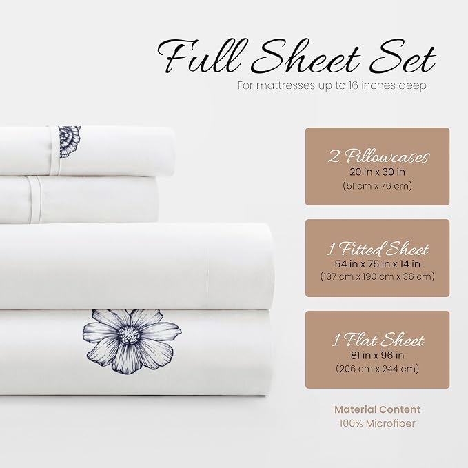 Linen Market Patterned Microfiber Full Sheet Set 4 Piece – Oeko-TEX Certified Ultra Soft & Wrinkle-Free - 16" Deep Pocket Sheets - Easy Care Full Size - Indigo Flowers Navy
