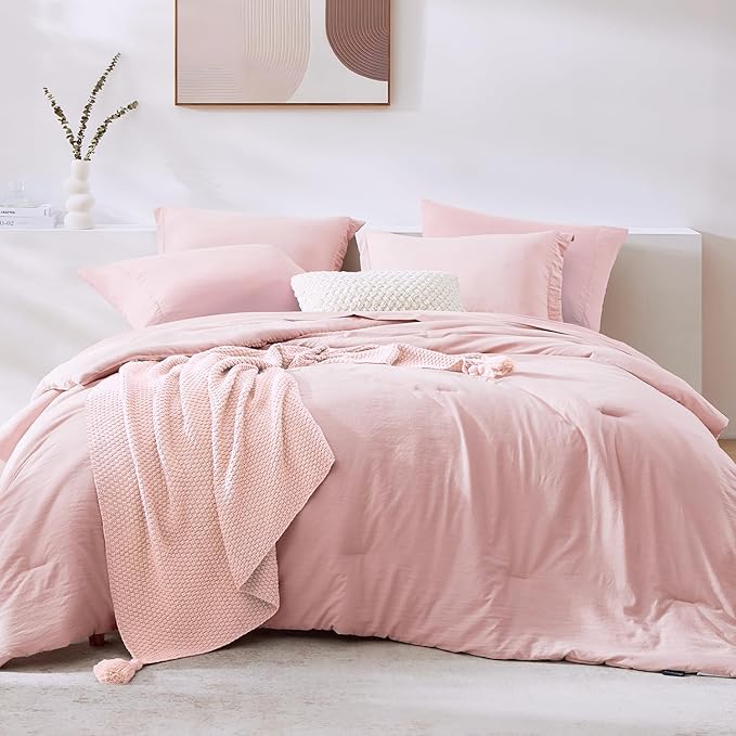 Queen Comforter Set-7 Pieces Soft Prewashed Bed in a Bag Queen Bedding Sets | All Season Comforter with Sheets, Pillow Shams & Pillowcases, Soft Pink