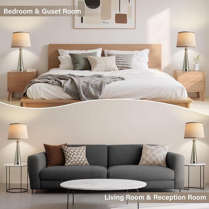 Modern Touch Lamps for Nightstand, 3 Way Dimmable Bedroom Lamp Set of 2 | USB C+A Charging Ports, Silver Bedside Lamps for Bedroom, Living Room, End Table, Bed Side, LED Bulb Included