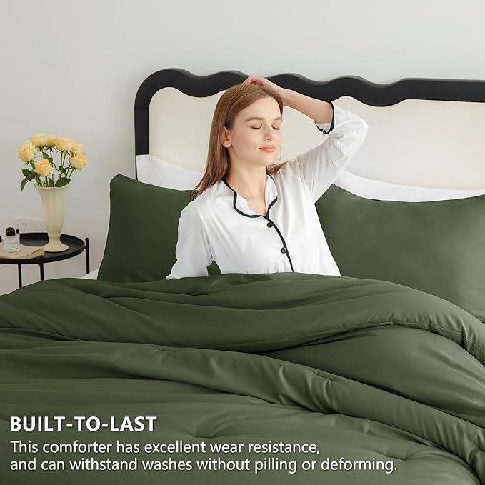 Oversized King Comforter Set, 3 Pieces Olive Green Quilted Bedding | 270 GSM Down Alternative Fill, 4 Corner Ties for Duvet Insert Use, All Season, OEKO-TEX Certified, 2 Pillowcases, 120 x 98 in
