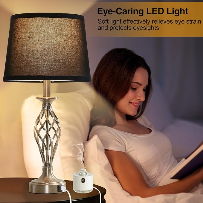 Table Lamp for Bedroom Set of 2 with USB C+A Ports,Modern Night Stand Lamps | Silver Bedside Lamps with Spiral Cage Base,Black Fabric Shade,Lamp for Living Room Reading Bed Side End Table,Bulbs Included
