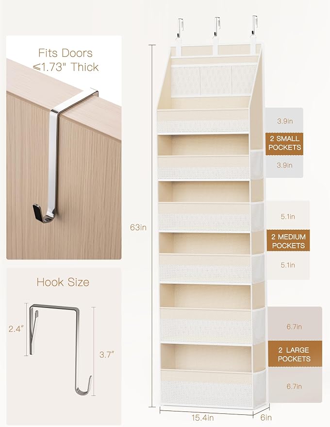 Over the Door Organizer, 6-Shelf Closet Hanging Storage with 13 Mesh Pockets, 55lbs Capacity Behind the Door Storage for Baby Nursery, Bathroom, Bedroom, and Dorm, Beige