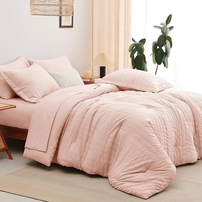 Full Size Comforter Set 7 Pieces Blush Pink Seersucker Bed in a Bag | OEKO-TEX Certified, All Season Bedding Set with 240 GSM Down Alternative Comforter, Flat & Fitted Sheets, Pillowcases & Shams
