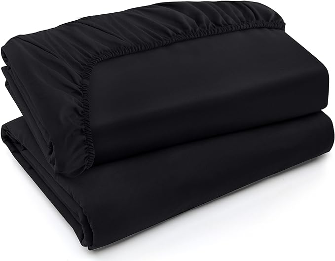 Pack of 2 Full Fitted Sheet, Fits Up to 16 Inch Deep Pocket, Black | Hotel Comfort, Cooling & Breathable Cotton like Polyester, Easy Fit, Wrinkle & Fade Resistant, Snug Fit, Easy Care, Oeko-Tex