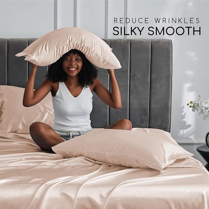 MR&HM Satin Bed Sheets, Full Size Sheets Set, 6 Pcs Silky Bedding Set with 15 Inches Deep Pocket for Mattress (Full, Champagne) | Similar to Silk, 6-Piece Silky Soft Bed Sheet Set, Gentle on Skin and Hair, 15" Deep Pocket, Cooling & Breathable