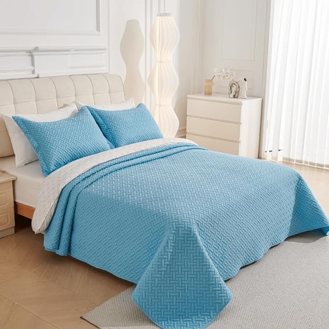 Legacy Decor Bedspread Coverlet 3 Pcs Set Oversized 118" W x 106" L King Size Blue Color
