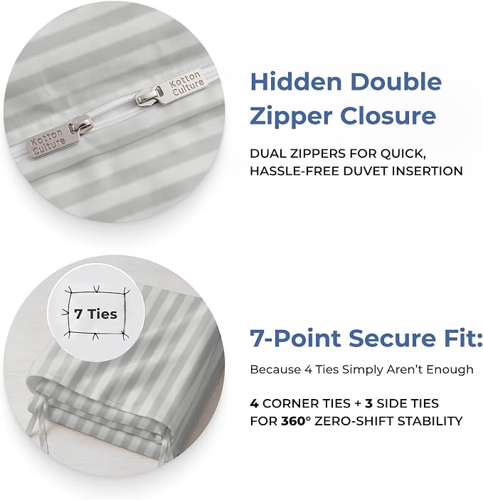 3 Pc King Size Duvet Cover Set- 100% Egyptian Cotton 600 Thread Count Ultra Soft Premium Durable Comforter Cover Zipper Closure & Corner Ties (Striped Silver, King 104"x94")