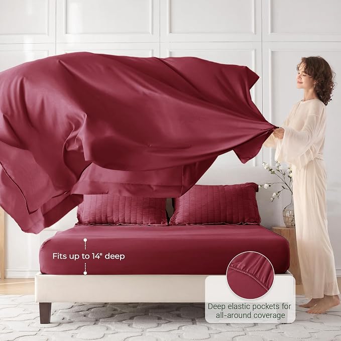 7 Pieces Queen Comforter Set, Seersucker Bed in a Bag Queen Size, All Season Luxury Bedding Set with Comforter, Flat Sheet, Fitted Sheet, Pillowcases & Shams, Burgundy