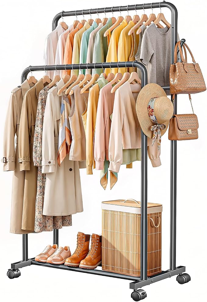 Delamu Clothes Rack Double Rods, Black, 65''Hx32''W | Clothing Racks for Hanging Clothes With Rolling Wheels, Hooks, Metal Garment Rack, Portable Wardrobe, With Shelfs,for Bedroom