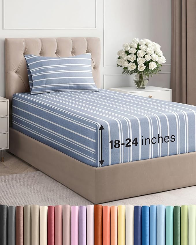 Extra Deep Twin Sheet Set - 3 Piece Breathable & Cooling - Blue Stripes | Easily Fits 18 to 24 inch Mattress - Ultra Soft, Wrinkle & Fade Free with Extra Deep Pockets - Comfy Hotel Luxury Bedding