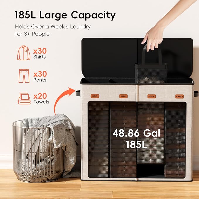 Laundry Hamper 4-Section with Lid, 185L Laundry Sorter with 4 Removable Bags + 1 Extra Large Bag, Switchable 3/4 Compartment, Laundry Basket Organizer for Bedroom, Laundry Room，Beige