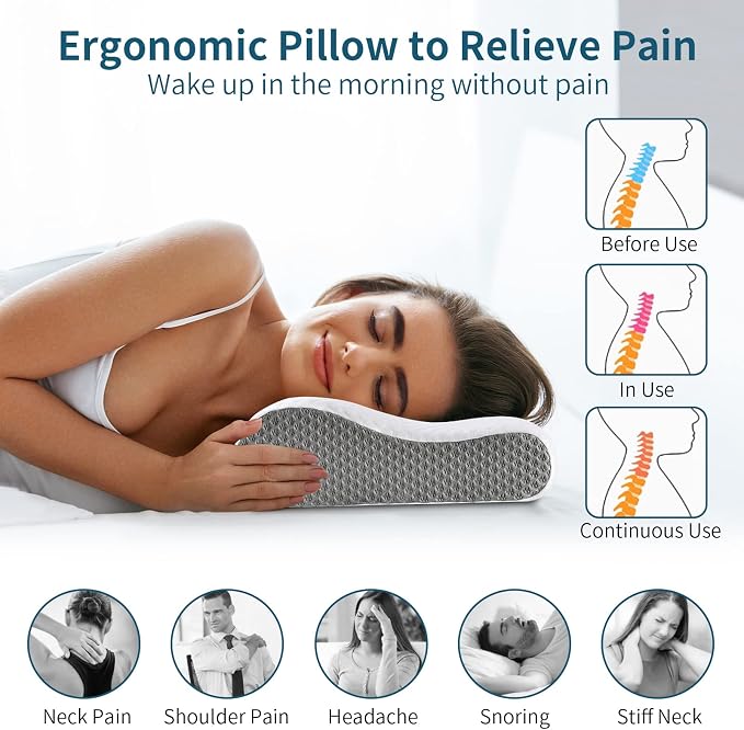 Neck Pillow Memory Foam for Pain Relief Bed Pillow for Sleeping, Ergonomic Orthopedic Cervical for Neck and Shoulder Pain, Side Back Stomach Sleeper(White&Grey)